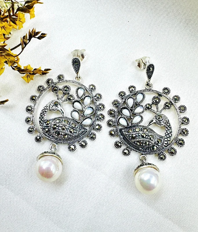 Ladies earrings with gold sunstone -The Peacock Silver Pearl Marcasite Earrings