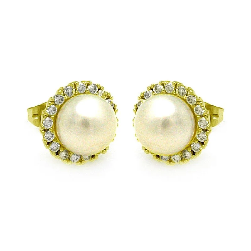 Ladies earrings artsy drops -Gold Plated 925 Sterling Silver Round CZ Center Fresh Water Pearl Stud Earrings - BGE00253GP