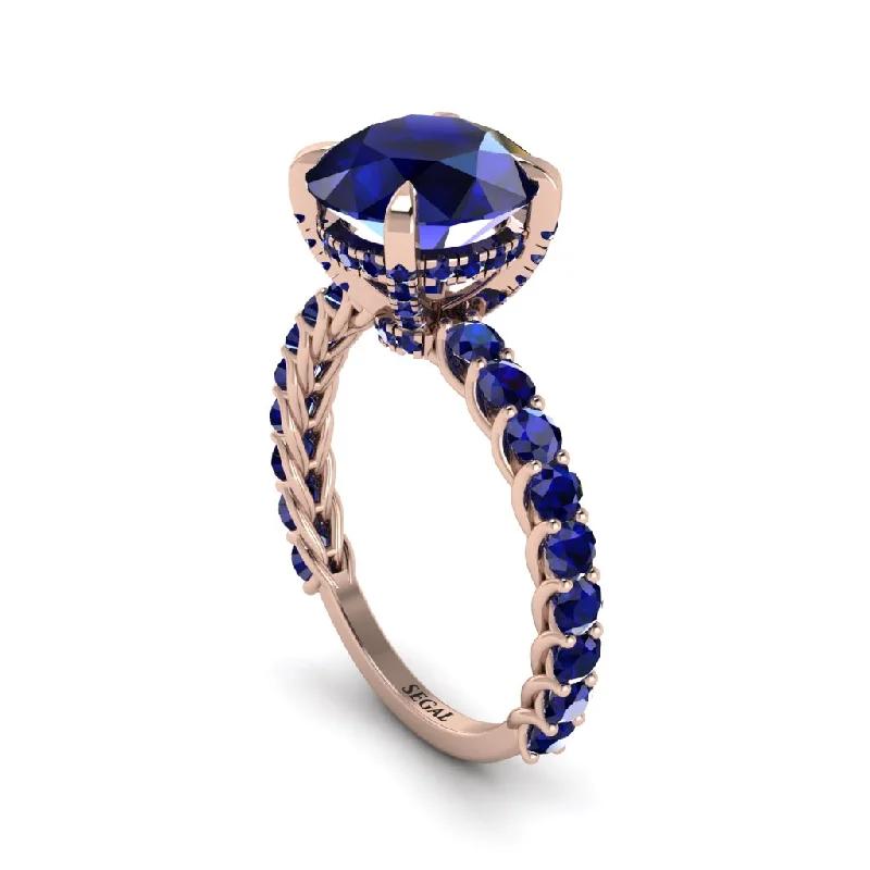 Ladies engagement rings with midnight diamonds -Sapphire Twisted Band Halo Engagement Ring - Avianna No. 74