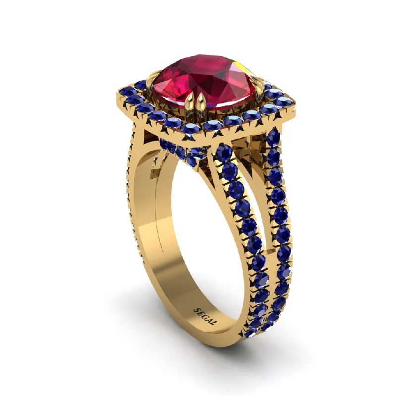 Ladies engagement rings with purple diamonds -Ruby Pave Split Shank Engagement Ring - Averie No. 70