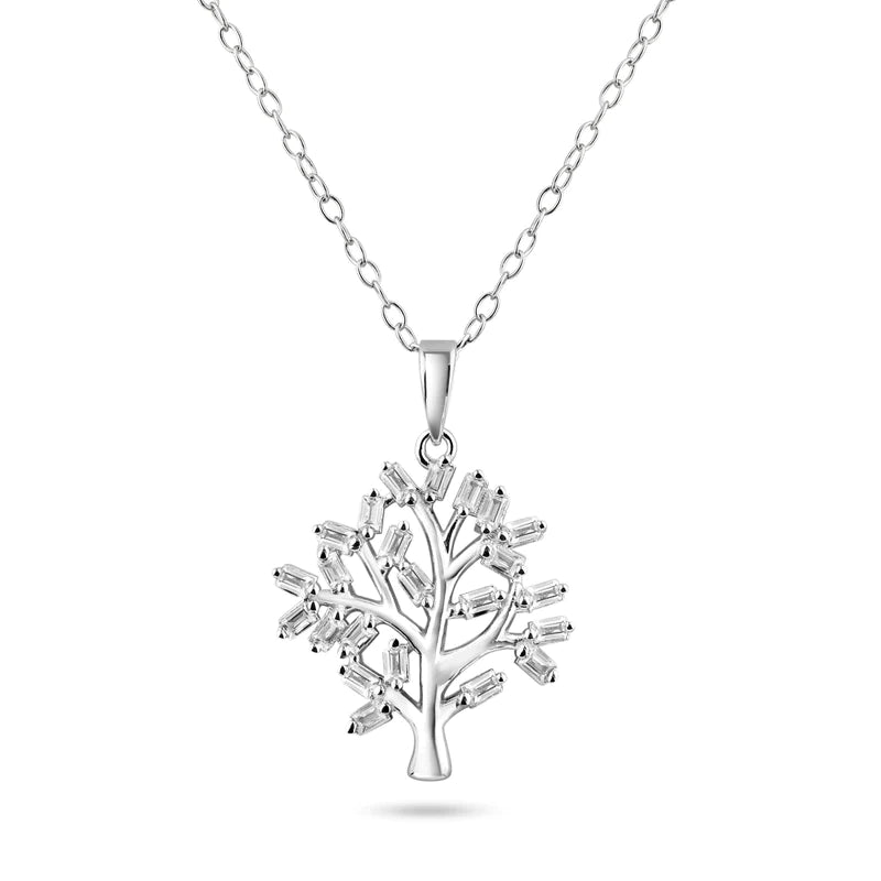 ladies-birthstone-tassel-necklaces-Silver 925 Rhodium Plated Tree of Life Clear CZ Baguette Pendant Necklace