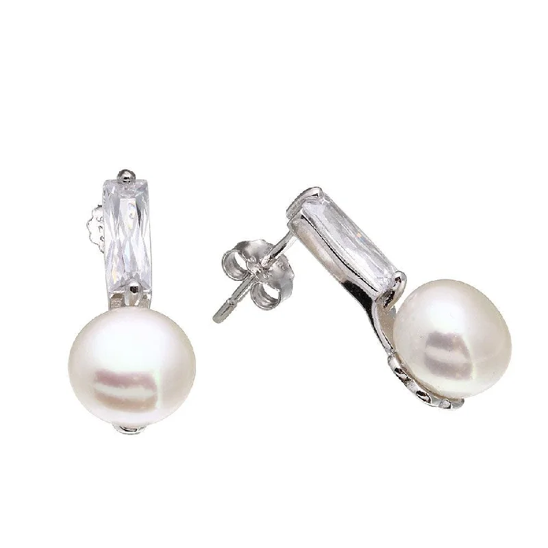 Ladies earrings with black jet -Rhodium Plated 925 Sterling Silver CZ and Fresh Water Pearls Earrings - STE01083