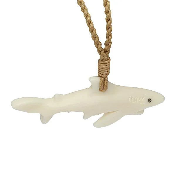 ladies-luxury-diamond-necklaces-Buffalo Bone Shark Necklace Brown Cord 53x20mm