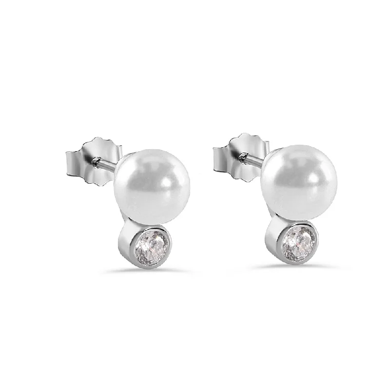 Ladies earrings unique hoops -Silver 925 Rhodium Plated Pearl Stud Earrings - STE00909