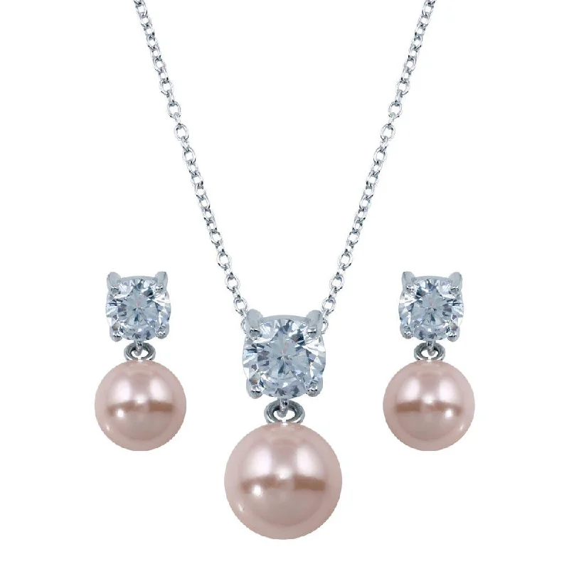 Ladies earrings for grand occasions -Rhodium Plated 925 Sterling Silver Pink Pearl Dangling Stud Earring and Necklace Set - STS00427