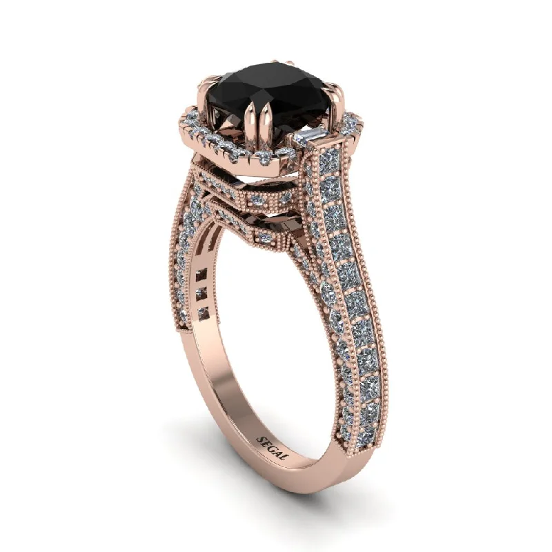 Ladies engagement rings for seeker love -Black Diamond Three Halo Milgrain Engagement Ring - Mira No. 8