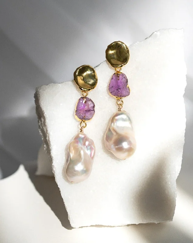 Ladies earrings pure silver -Feb | Amethyst Birthstones x Pearls Earrings