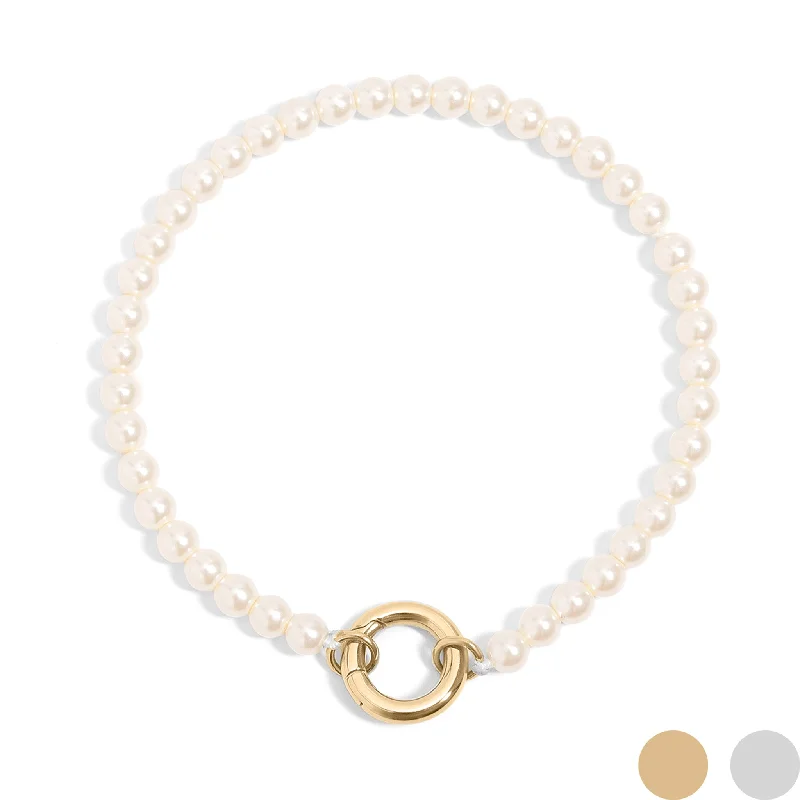 ladies-sterling-silver-tassel-bracelets-18K Gold PVD Stainless Steel Glass Pearl Charm Keeper Bracelet / SBB0337