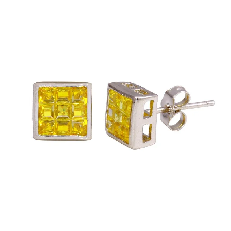 Ladies earrings spiral hoops -Final Price-Rhodium Plated 925 Sterling Silver Square DC Yellow CZ Stud Earring - STEM150-9MM