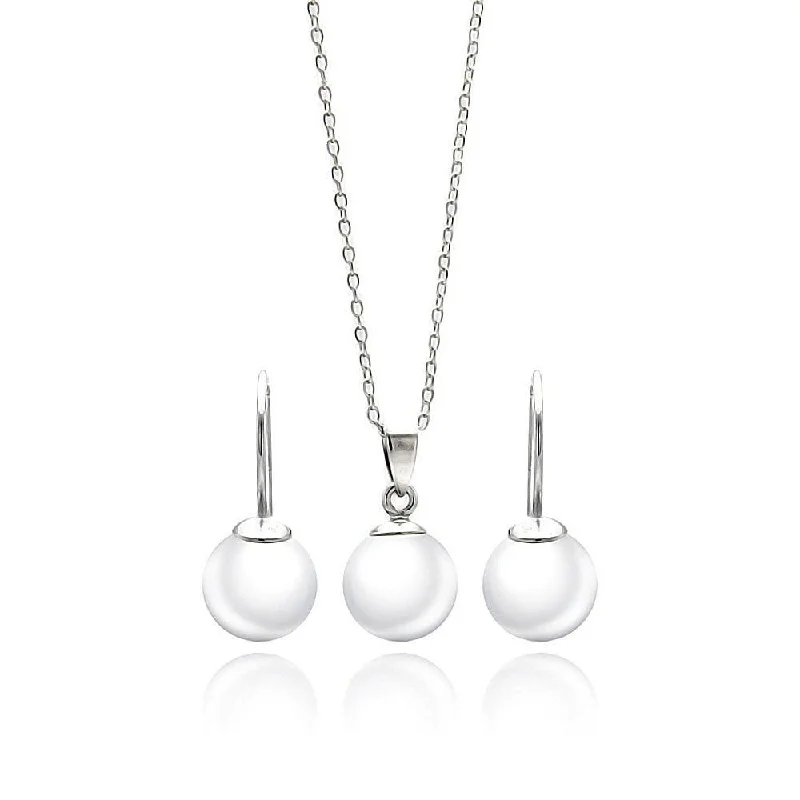 Ladies earrings angular designs -Silver 925 Rhodium Plated White Enamel Pearl Lever Back Earring and Necklace Set - STS00437