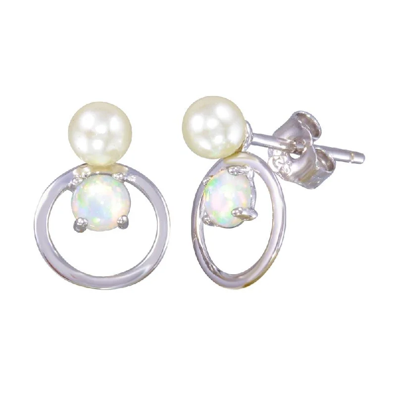 Ladies earrings with chest charms -Rhodium Plated 925 Sterling Silver Open Circle Stud Earrings with Synthetic Pearl and Opal - STE01188