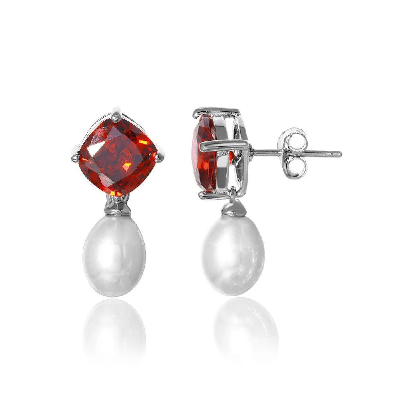 Ladies earrings slim studs -Silver 925 Rhodium Plated Round Red CZ Dangling Fresh Water Pearl Earrings - BGE00448RED