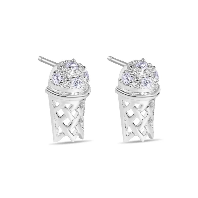 Ladies earrings coiled studs -Final Price-Rhodium Plated 925 Sterling Silver Basketball Rim CZ Earrings - STEM135