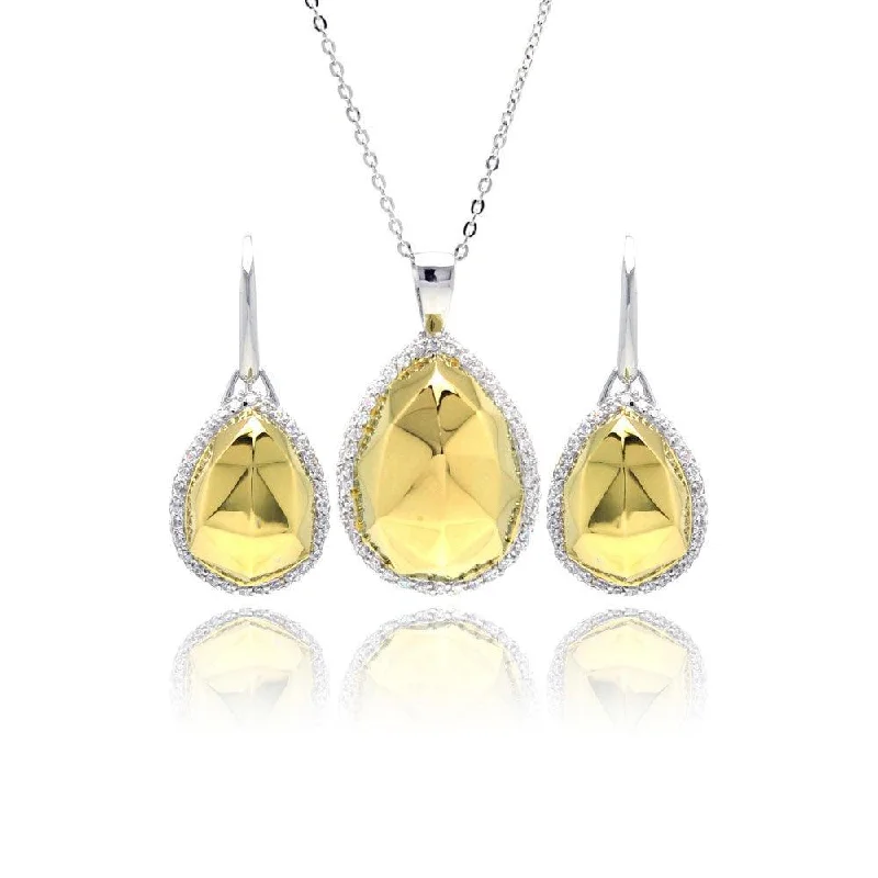 Ladies earrings with cub charms -Clearance-Silver 925 Rhodium and Gold Plated Clear Hammered Teardrop CZ Leverback Earring and Necklace Set - BGS00127