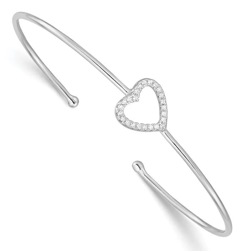 ladies-artisan-diamond-bracelets-Sterling Silver Rhodium-plated CZ Heart Cuff Bangle Bracelet