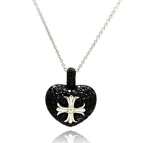 ladies-diamond-choker-necklaces-Silver 925 Rhodium Plated Black Heart with Silver Cross Necklace