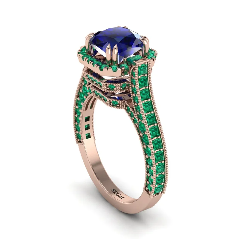 Ladies engagement rings futuristic charm -Sapphire Three Halo Milgrain Engagement Ring - Mira No. 29