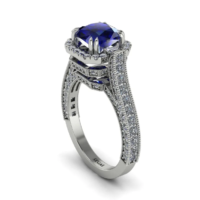 Ladies engagement rings for dreamy nights -Sapphire Three Halo Milgrain Engagement Ring - Mira No. 15