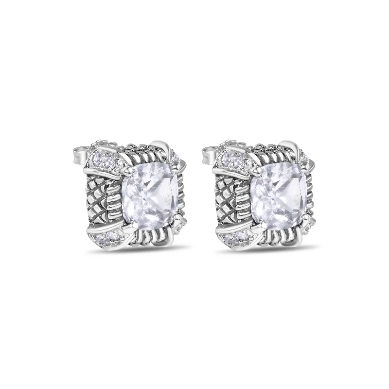 Ladies earrings with path drops -Final Price-Rhodium Plated 925 Sterling Silver Square CZ Stud Earring - STEM140