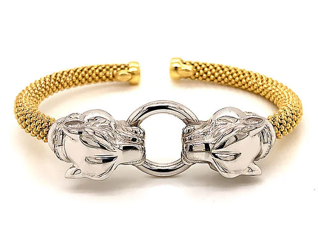 ladies-vintage-diamond-bracelets-Double Jaguar Head 2 Toned Flexible Cuff Bracelet in 14k White and Yellow Gold