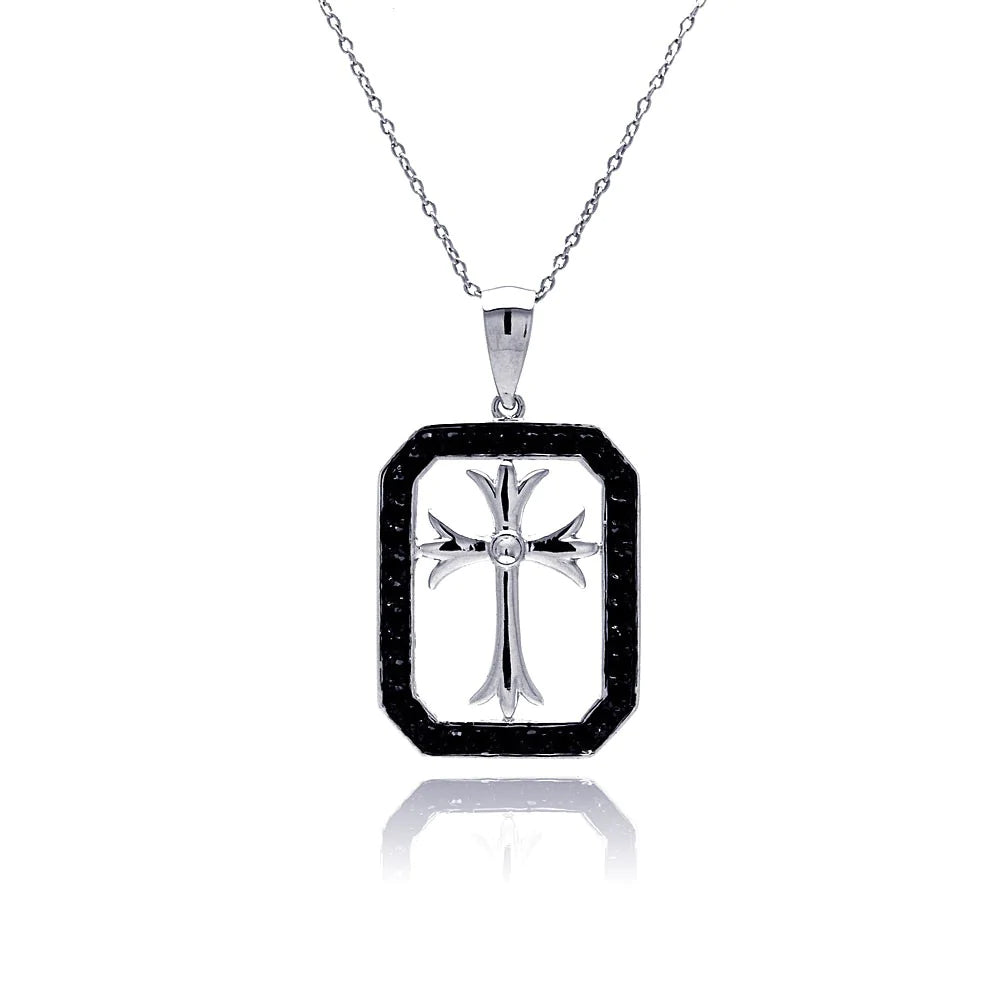 ladies-sterling-silver-charm-necklaces-Silver 925 Rhodium and Black Rhodium Plated Black CZ Cross Necklace