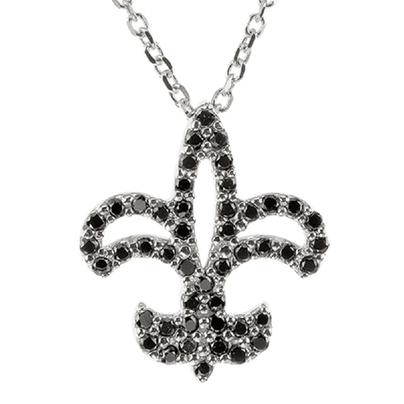 ladies-diamond-pendant-necklaces-1/4 cttw Black Diamond Fleur-De-Lis Necklace in 14k White Gold