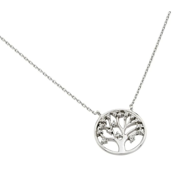 ladies-handmade-diamond-necklaces-Silver 925 Rhodium Plated Clear CZ Round Tree PendantNecklace