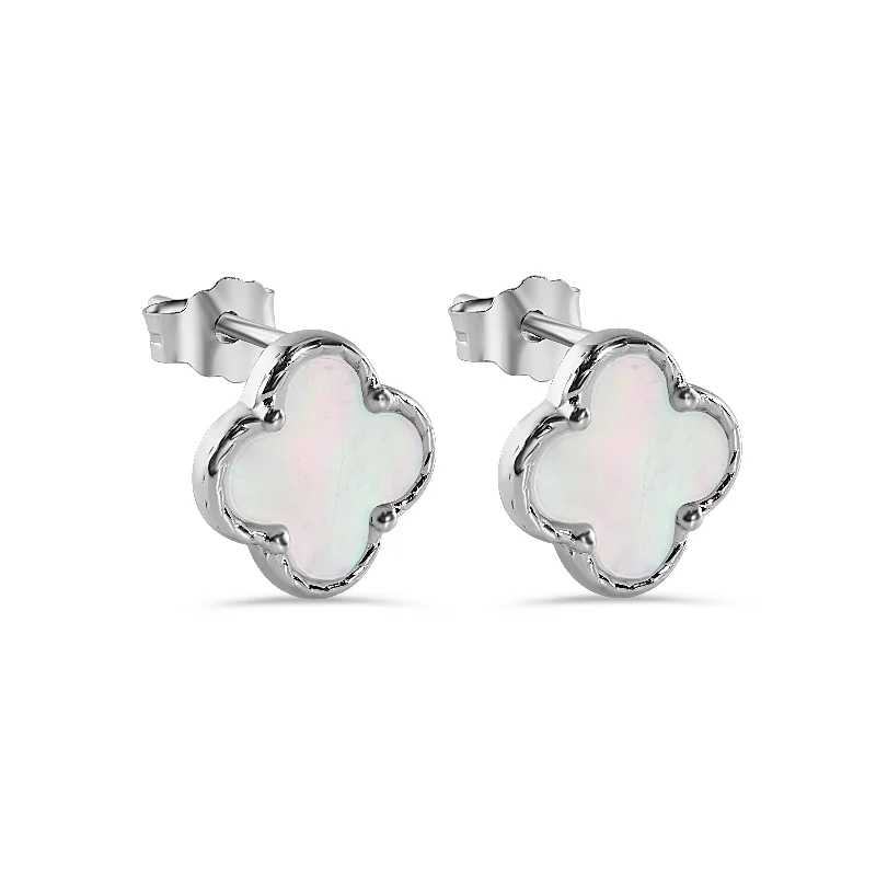 Ladies earrings custom initials -Rhodium Plated 925 Sterling Silver Syntethic Pearl Four Leaf Clover 8.2mm Stud Earring - STE01378-WHT