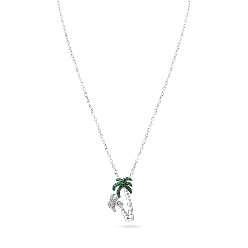 ladies-everyday-pearl-necklaces-Silver 925 Rhodium Plated Green and Clear Two Palm Tree Pendant Necklace