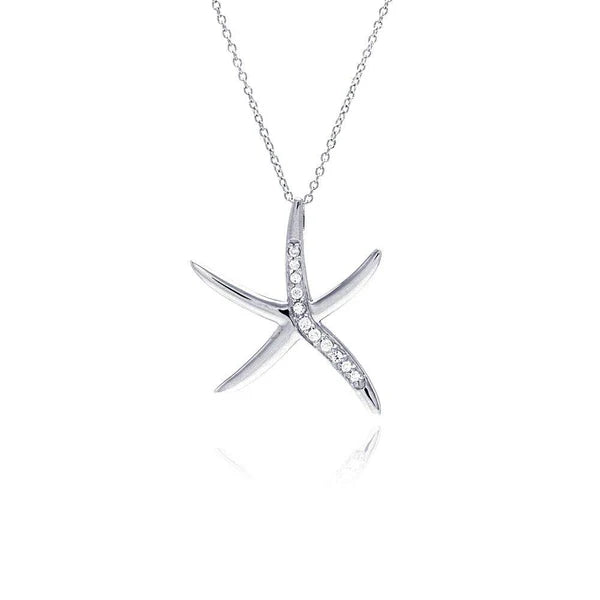 ladies-unique-crystal-necklaces-Silver 925 Rhodium Plated Clear CZ Starfish Pendant Necklace