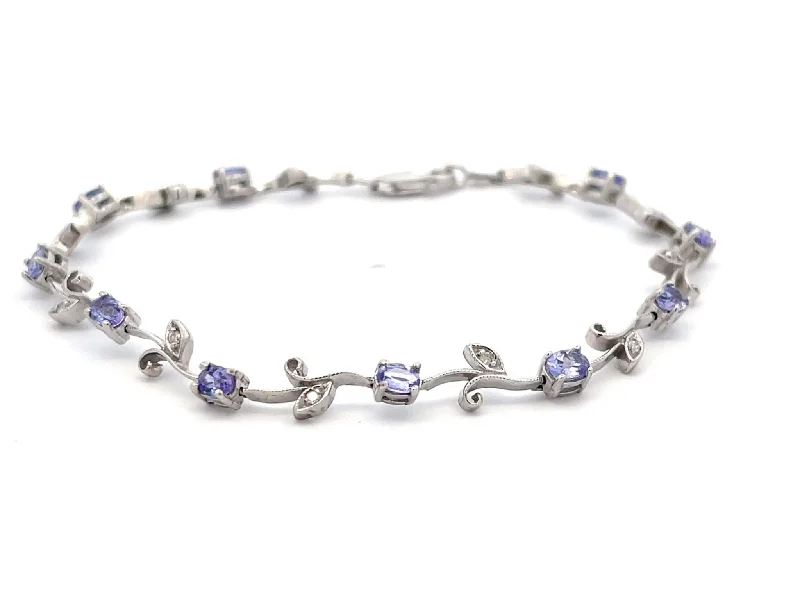 ladies-wedding-diamond-bracelets-Tanzanite Diamond Leaf Bracelet in 14k White Gold