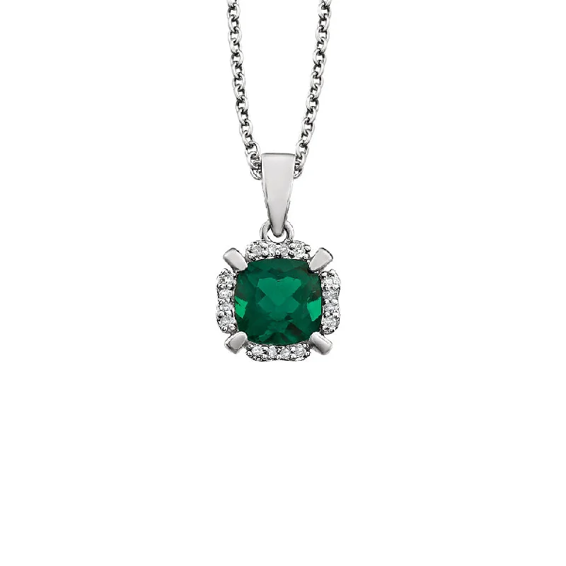 ladies-pearl-tassel-necklaces-Cushion Created Emerald & Diamond Necklace in 14k White Gold, 18 Inch