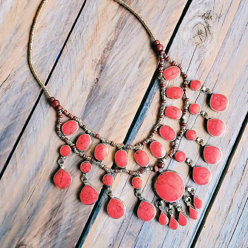 ladies-bohemian-silver-necklaces-Tribal red stone boho necklace