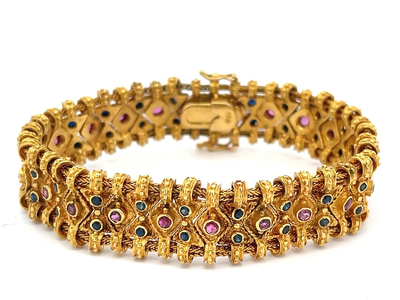 ladies-vintage-rose-gold-bracelets-Vintage Egyptian Ruby Sapphire Wide Quilted Link Bracelet in 18k Yellow Gold