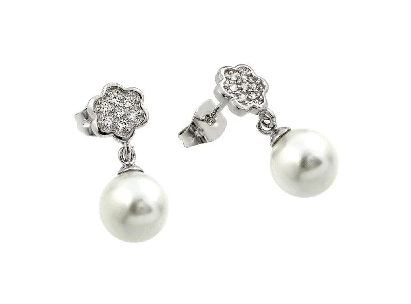 Ladies earrings for pioneers -Silver 925 Rhodium Plated Flower CZ Inlay Dangling Pearl Stud Earrings - BGE00357