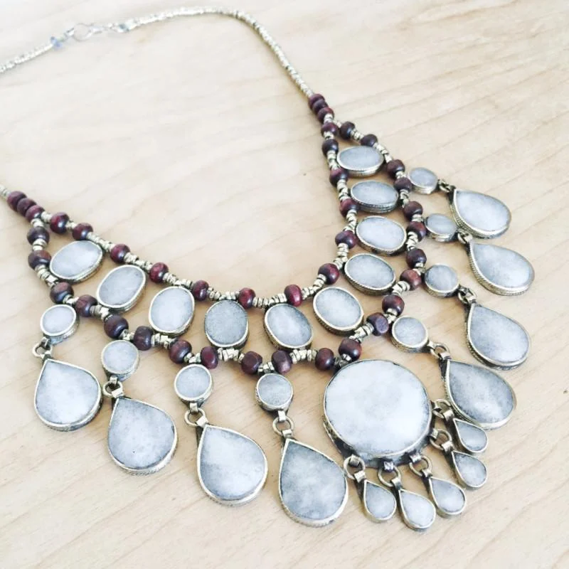 ladies-fashion-diamond-necklaces-Tribal grey stone boho necklace