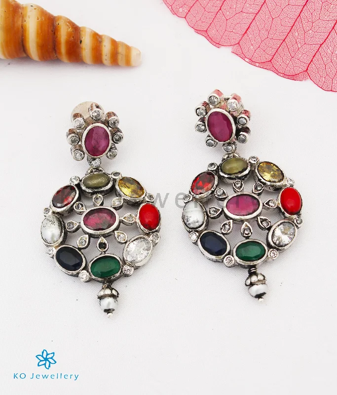 Ladies earrings with silver labradorite -The Payal Silver Navratna Earrings (Oxidised)