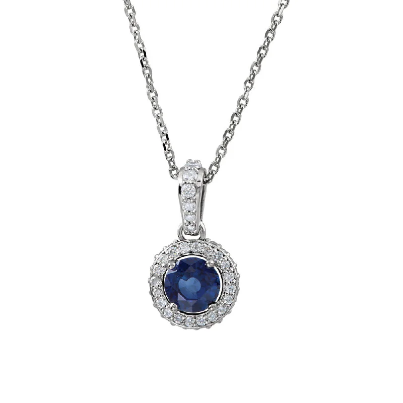 ladies-charm-pearl-necklaces-Sapphire & 1/4 Ctw Diamond Entourage 14k White Gold Necklace, 18 Inch