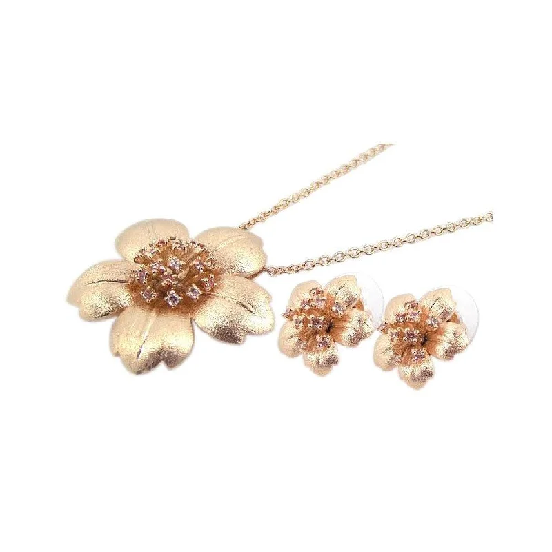 Ladies earrings for twin sisters -Clearance-Silver 925 Gold Plated Flower Pink CZ Stud Earring and Necklace Set - BGS00059