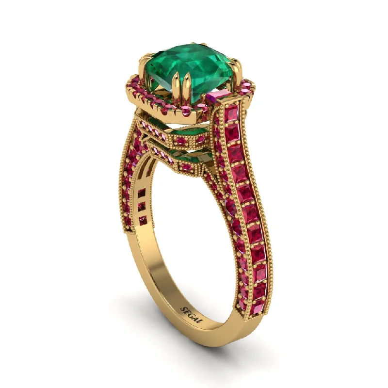 Ladies engagement rings stylish sparkle -Emerald Three Halo Milgrain Engagement Ring - Mira No. 49