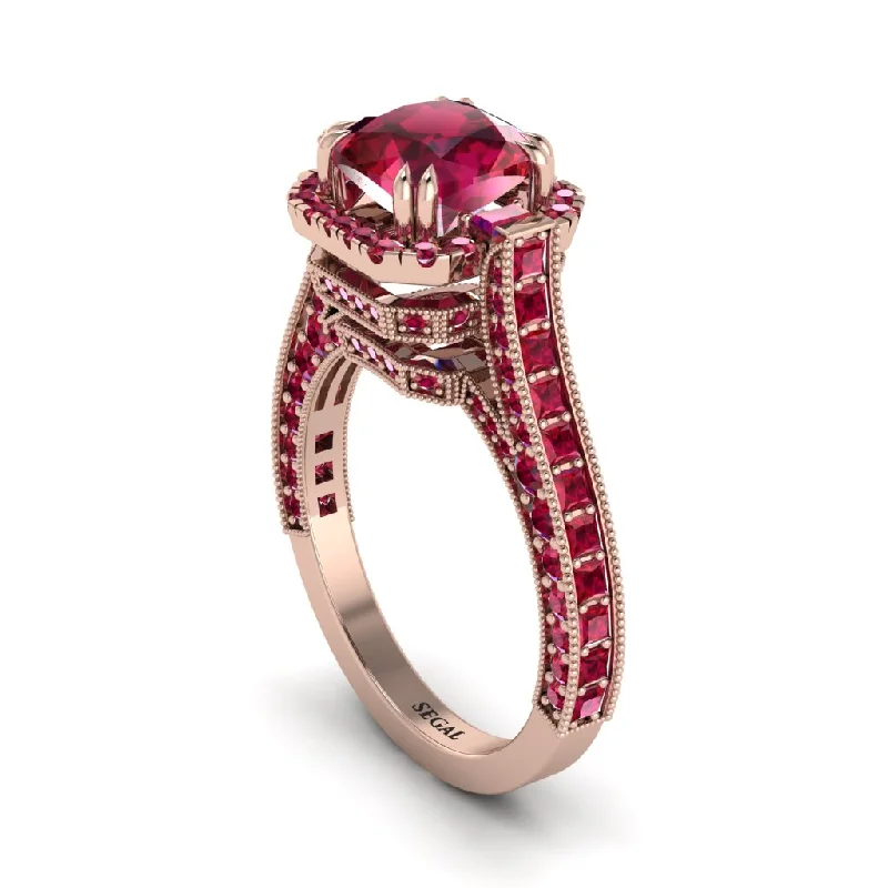 Ladies engagement rings with red diamonds -Ruby Three Halo Milgrain Engagement Ring - Mira No. 56