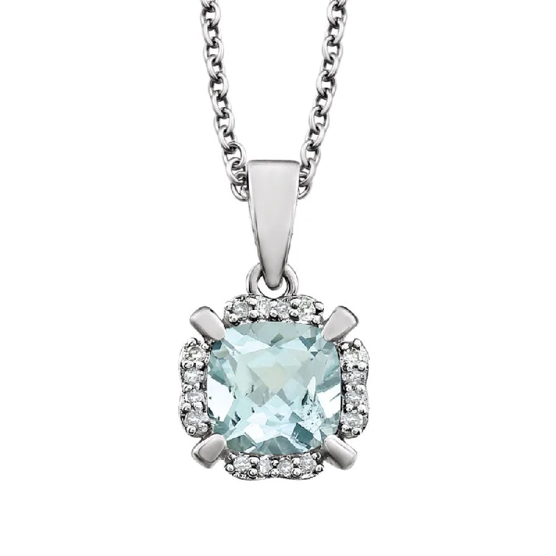 ladies-gift-diamond-necklaces-Cushion Aquamarine & Diamond Necklace in 14k White Gold, 18 Inch