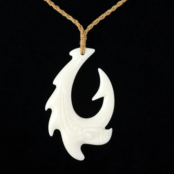 ladies-bridal-pearl-necklaces-Cow Bone Handcrafted Fish Hook with scroll engraving Necklace