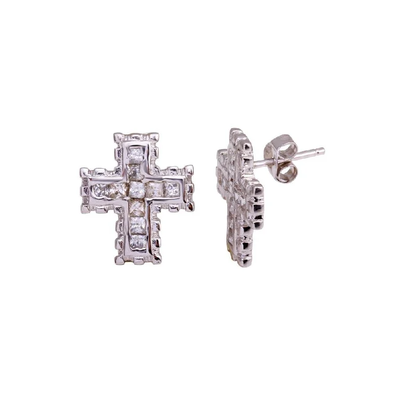 Ladies earrings with tune charms -Rhodium Plated 925 Sterling Silver Cross Clear CZ Stud Earring - STEM022