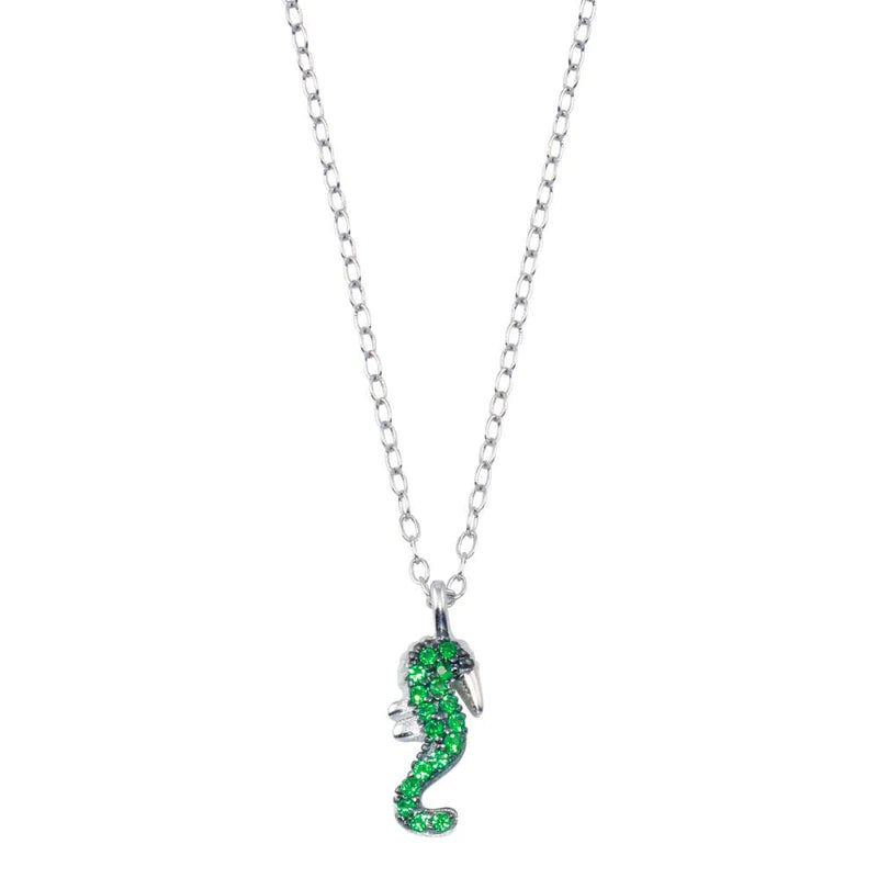 ladies-sterling-silver-charm-necklaces-Silver 925 Rhodium Plated Green Seahorse Necklace