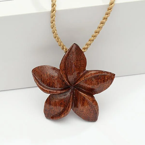 ladies-vintage-rose-gold-necklaces-Koa Wood Plumeria Necklace 40mm Brown Cord