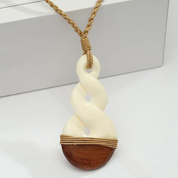 ladies-rose-gold-long-necklaces-Koa Wood/Cow Bone Double Twist Necklace Brown Cord 25x50mm