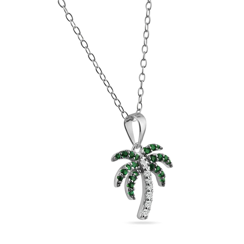 ladies-fashion-rose-gold-necklaces-Silver 925 Rhodium Plated Green and Clear Palm Tree Pendant Necklace