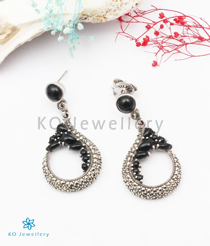 Ladies earrings avant-garde vibes -The Rosa Silver Marcasite Earrings (Black)