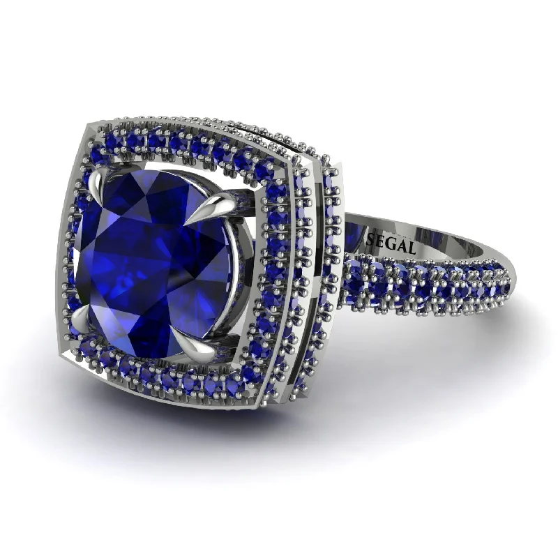 Ladies engagement rings with trunk accents -Round Sapphire Double Halo Engagement Ring - Kayleigh No. 75